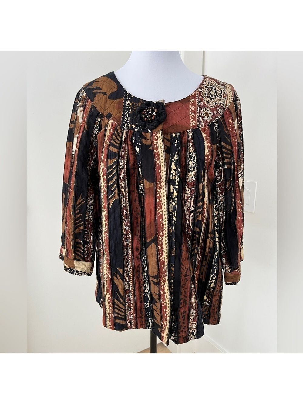 KERRYBROOKE Jacket 100% Cotton Round Neck Unique Patchwork Strips Boho Artsy